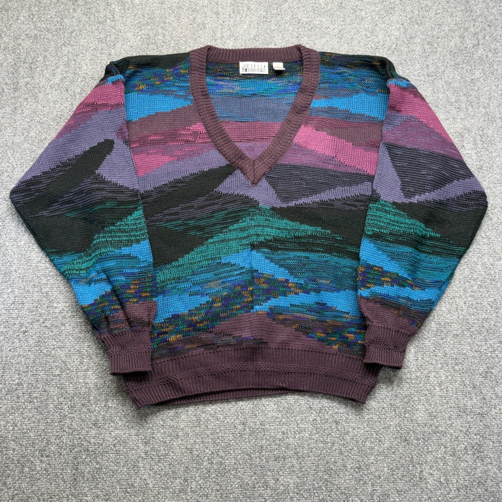 Vintage City Streets Mens Large V-Neck Sweater Abstract Geometric 90s Acrylic